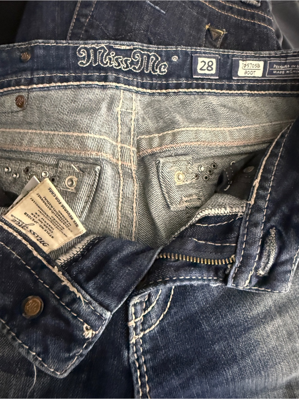 Miss Me Dark Blue Faded Boot Jeans Bling Stretch Slightly Distressed | GUC - Picture 7 of 9